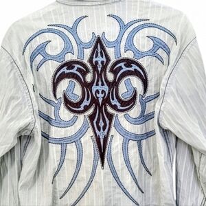 ROAR Casual Snap & Button Up Shirt Embroidered Fleur-de-lis Cross Graphic. Sz. L